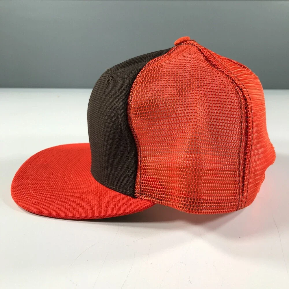 Vintage New Era Trucker Hat Boys Youth Size Orange Brim Brown Front Mesh Back